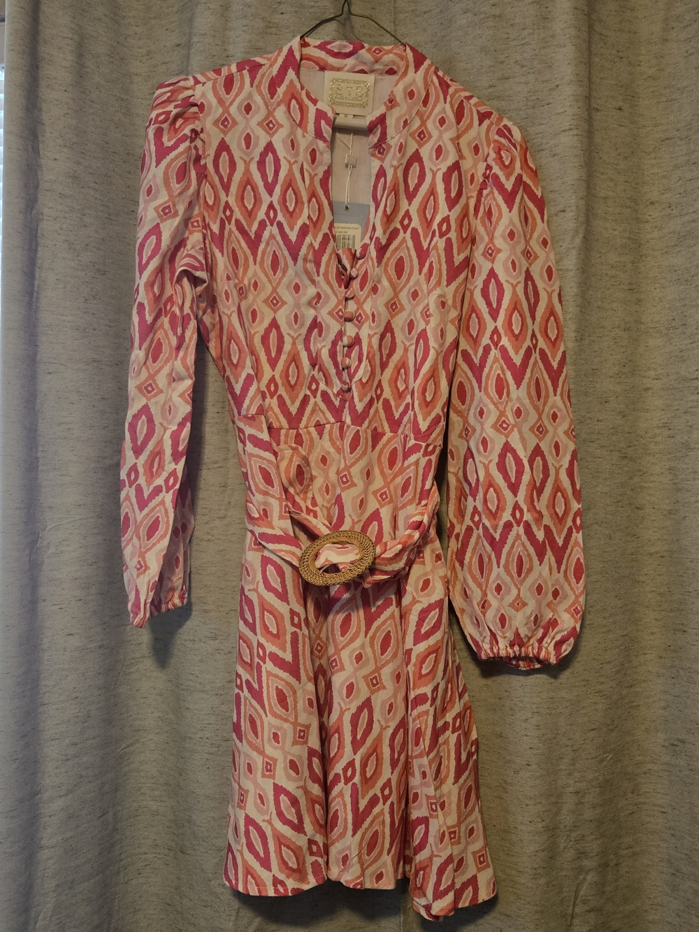 Sail to Sable Pink & Cream Long-Sleeve Belted Printed Dress
